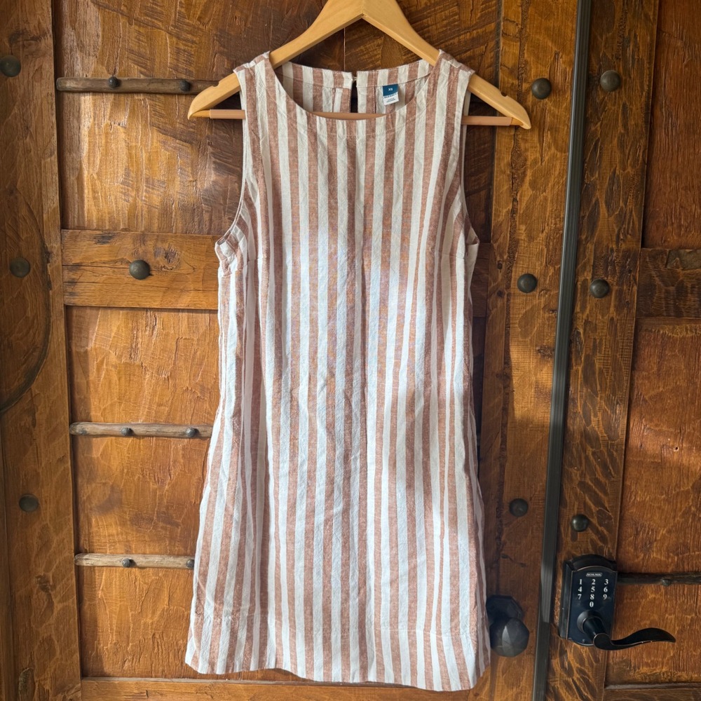 Old Navy Boatneck Dress White Striped Women XS Brown Linen Blend Pocket Coquette